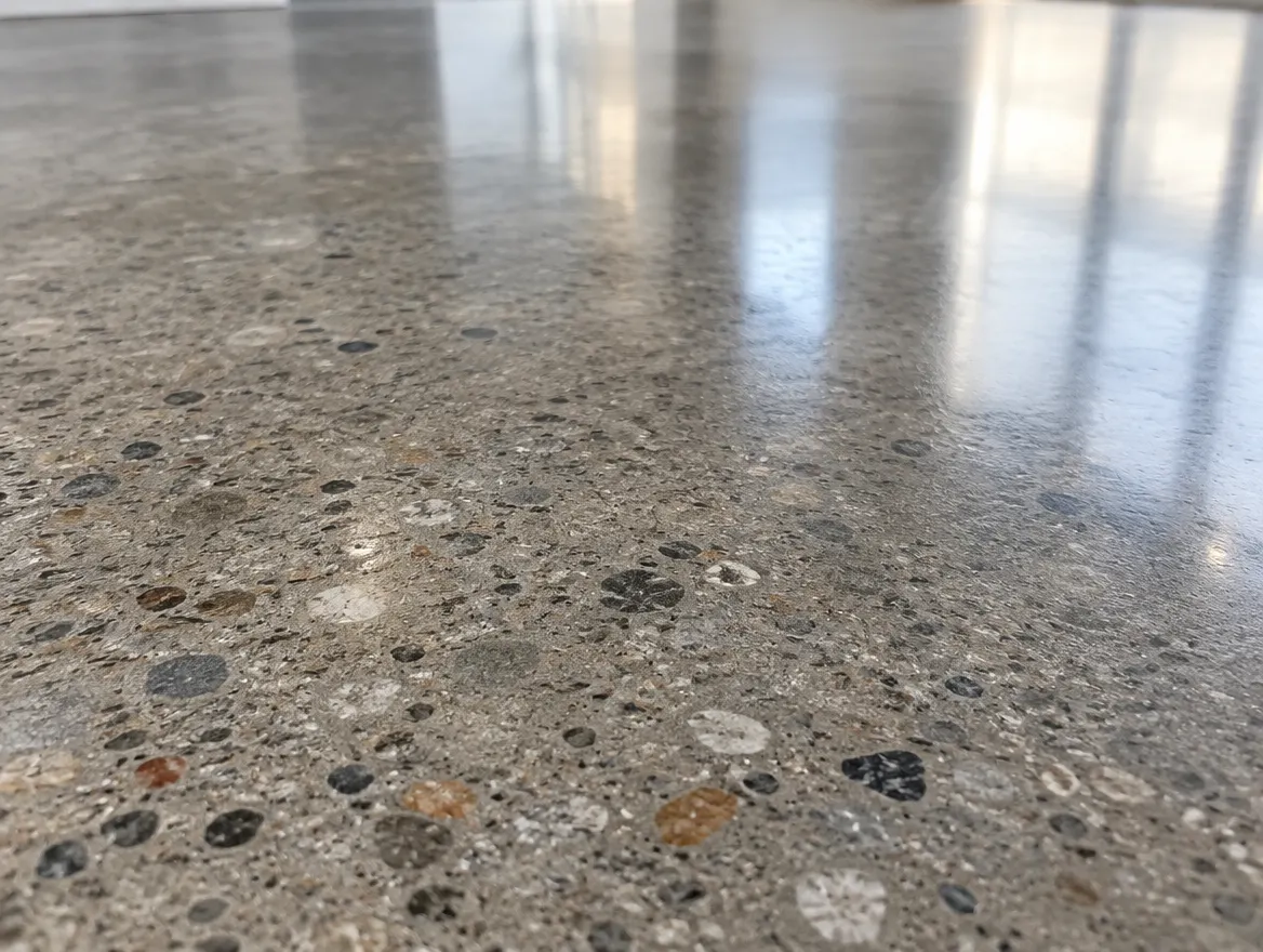 Polished concrete floor sample with exposed aggregate and a satin sheen